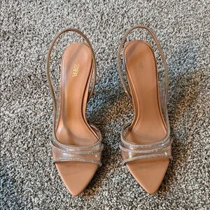 Zara Tan Pointed Slingback Heels with Rhinestone Straps
